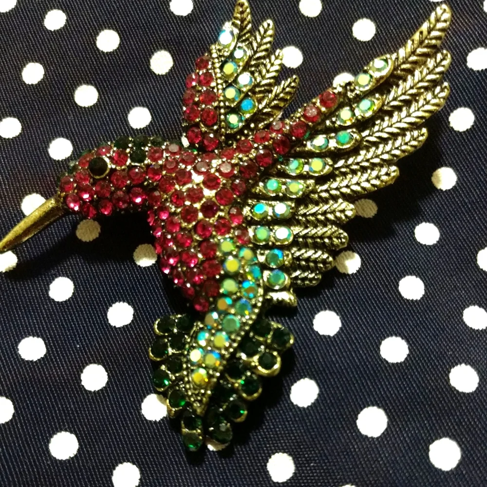 Hummingbird Deluxe Handcrafted Rhinestone Brooch Pin/Pink & Teal Vintage 3